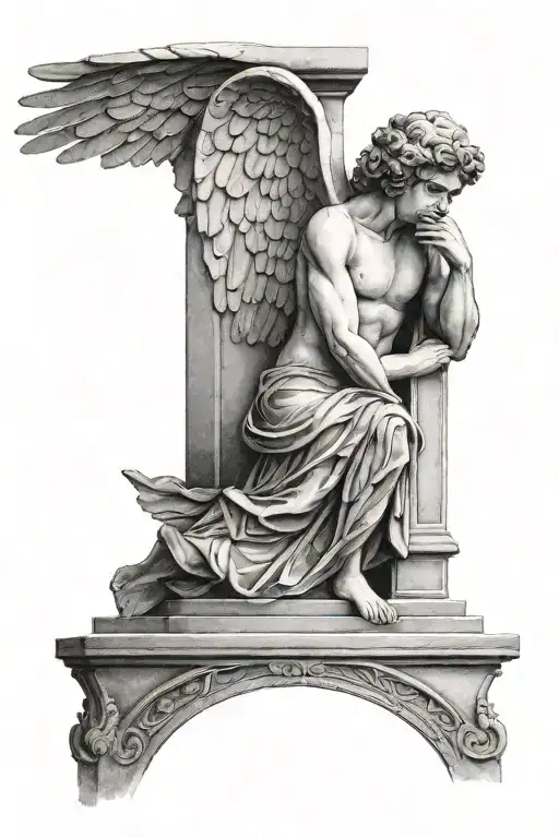 Black and White tattoo. A cement Greek angel with closed wings, standing on a cement tombstone with cracks through both  tattoo design idea