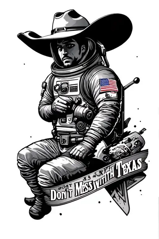 space cowboy astronaut Texas theme sleeve with Dallas sports teams, and don't mess with Texas tattoo design idea