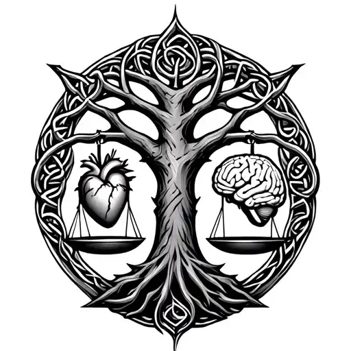 a celtic tree of life with a set of scales in front of and seperate with a heart on one scale and a brain on the other  tattoo design idea