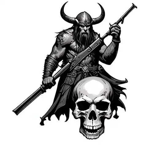 demon viking holding styer rifle standing over skull tattoo design idea