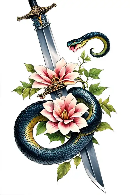 A snake flower sword tattoo design idea