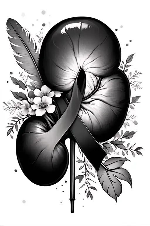 realistic kidney with cancer ribbon and feather with floral tattoo design idea