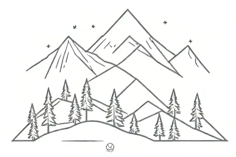 Mountain with dot shading and 5 evergreen trees underneath tattoo design idea