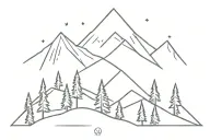 Mountain with dot shading and 5 evergreen trees underneath tattoo design idea