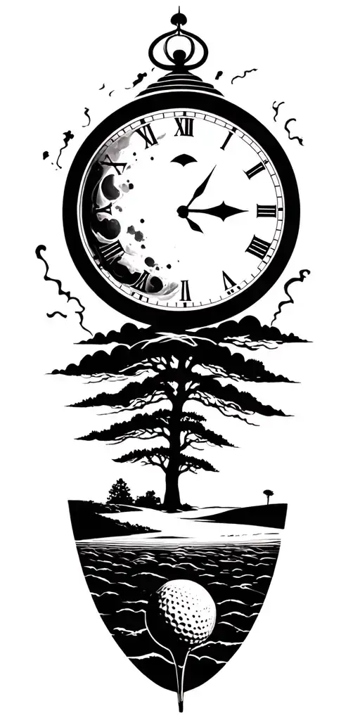 lightining storm and moon and clock and nature and golf course tattoo design idea
