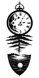 lightining storm and moon and clock and nature and golf course tattoo design idea