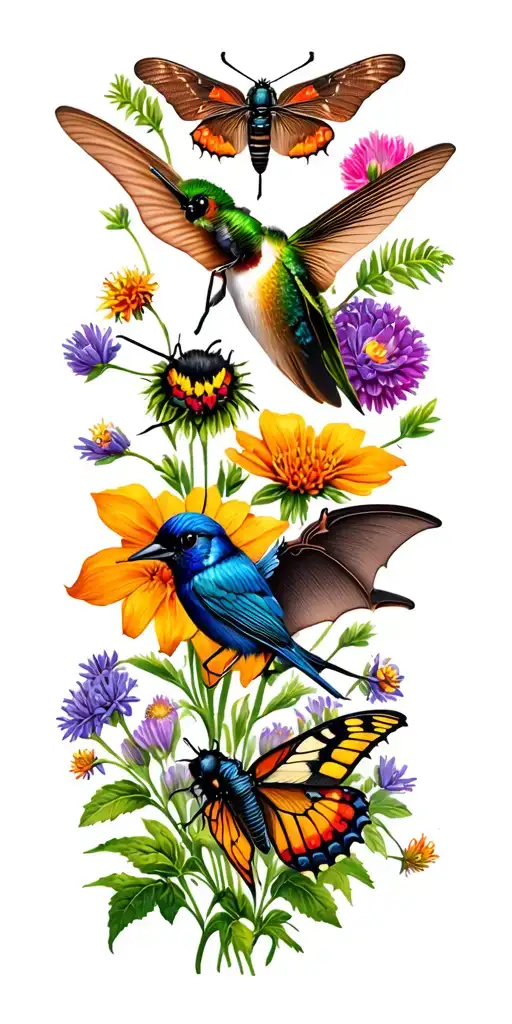rusty patch bumblebee, hummingbird moth, swallowtail butterfly, brown bat, click beetle, & blue bird over wildflowers  tattoo design idea