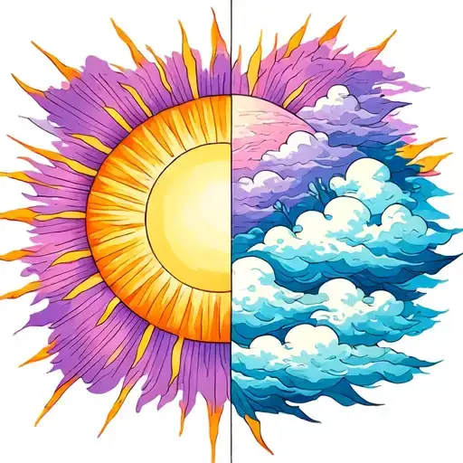 One half is a sun with rays only and The other half is clouds only tattoo design idea