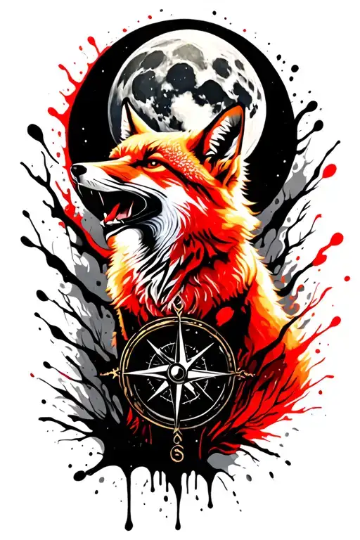 Angry ginger fox howling at the moon with the compass on it in burning forest tattoo design idea
