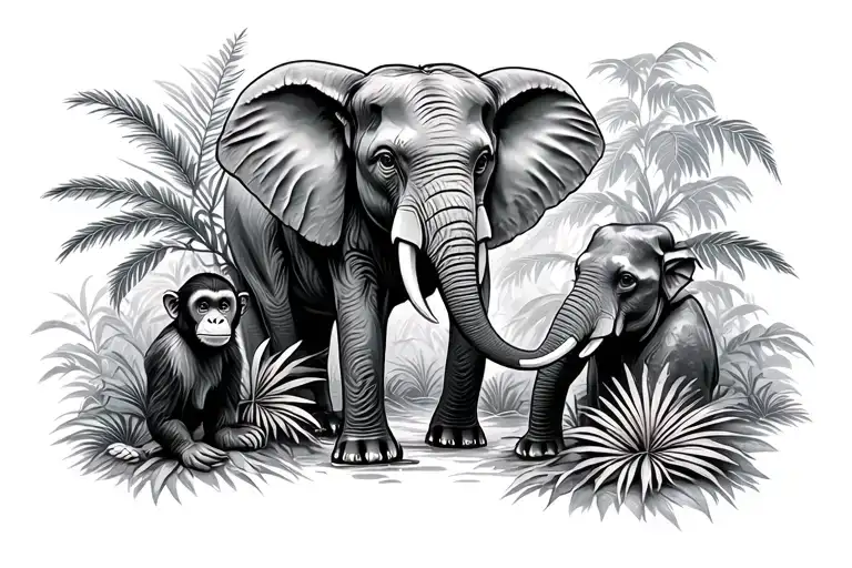 jungle scene with monkey and elephant  tattoo design idea