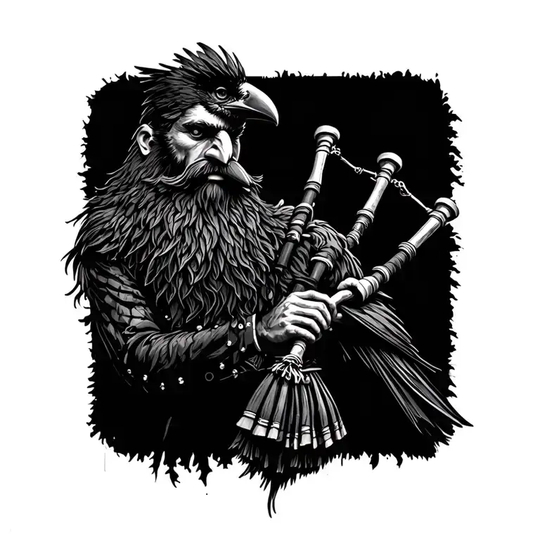  crow muscular with mans face bagpiper playing black bagpipes baldblack beard tattoo design idea