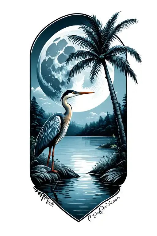 full moon palm tree blue heron river tattoo design idea