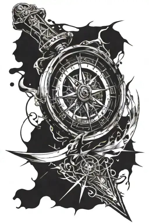 sword going through a compass with shattered glass tattoo design idea