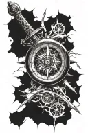 sword going through a compass with shattered glass tattoo design idea