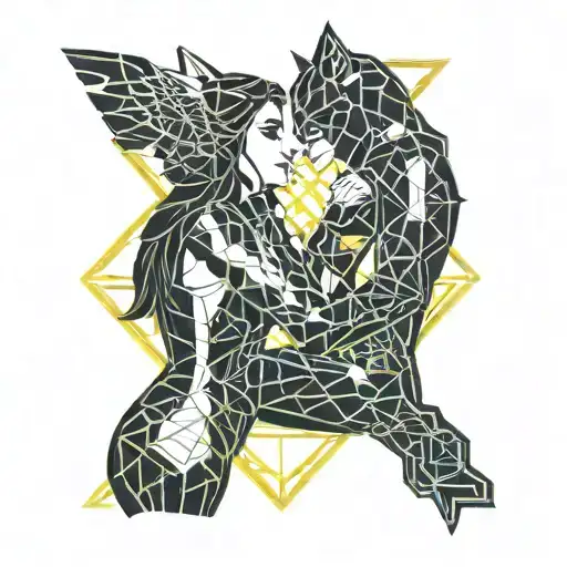wonder woman and cat woman kissing each other tattoo design idea