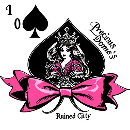 "Precious Domme’s Ruined Clitty" pink bow with a queen of spades symbol in the middle tattoo design idea