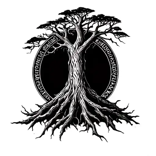 tree of Gondor mixed with Elden ring erdtree and elvish writing around border tattoo design idea