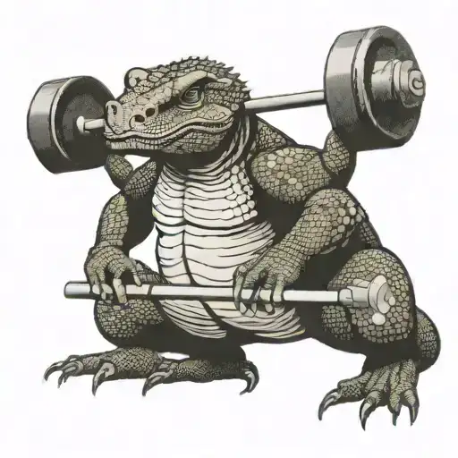 Komodo dragon doing a barbell squat tattoo design idea