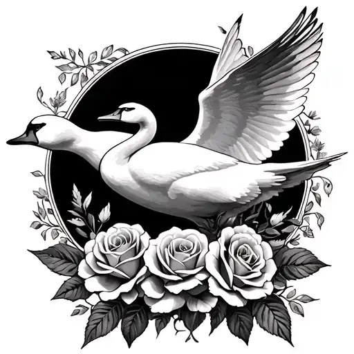 lillie of the valley, roses, around a swan in flight tattoo design idea