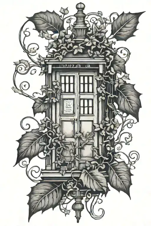 small tardis with small ivy leaves intertwined tattoo design idea