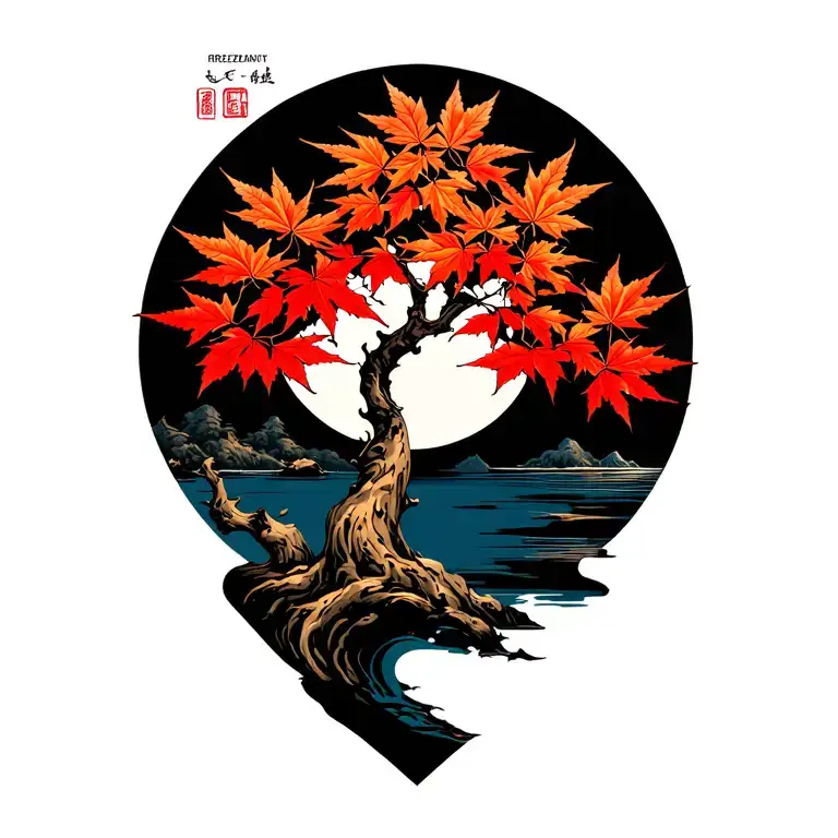 Japanese maple tree with leaves moon tattoo design idea