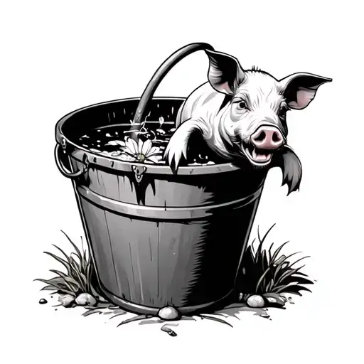 a bucket with luckspurs on the handle and water lillis in the bucket with a pigs jaw leaning against the bucket  tattoo design idea