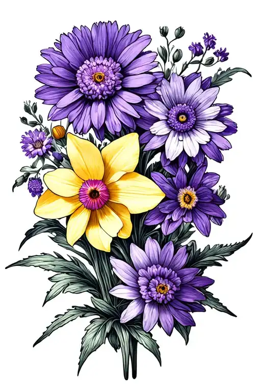 floral design with aster, daffodil, primrose, violet, narcissus tattoo design idea