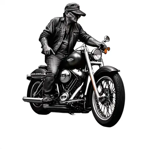 old biker on a Harley Davidson with black and grey shading  tattoo design idea
