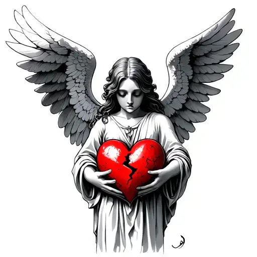 sad angel holding a broken heart with no shading only line work tattoo design idea