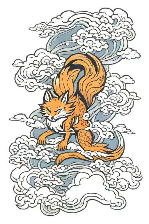 Nine Tailed Fox in clouds tattoo design idea