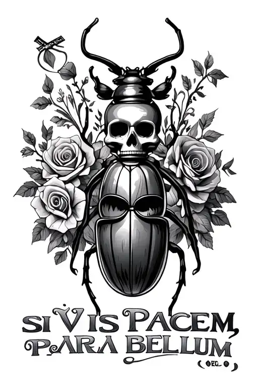 "si vis pacem, para bellum" day of the dead, skulls, hands, death beetle, crosses, broken hour glass, flowers, roses tattoo design idea