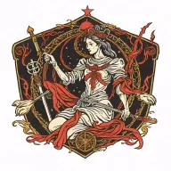 A tarot card design featuring The High Priestess and The Three of Swords, with a red string of fate connecting them, representing your deep connection with your wife and the pain of loss tattoo design idea