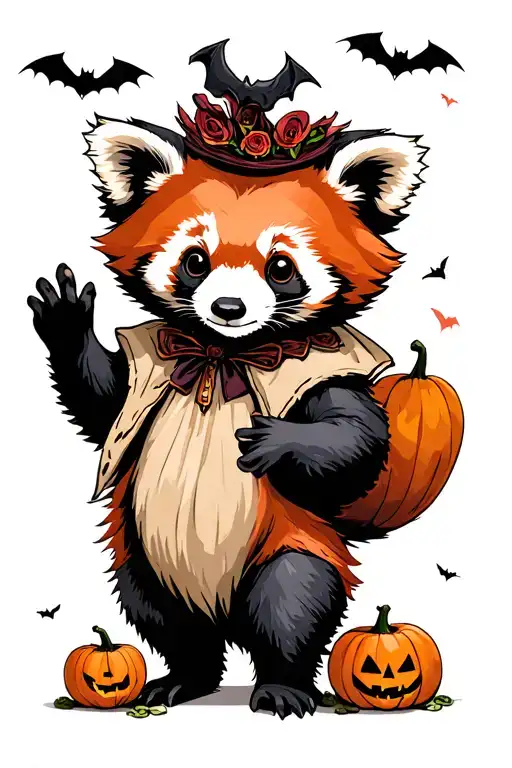 red panda dressed up for halloween with bats and pumpkins tattoo design idea