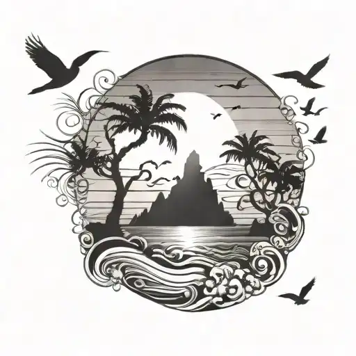 beach with wave trees sun and birds flying for shoulder tattoo design idea