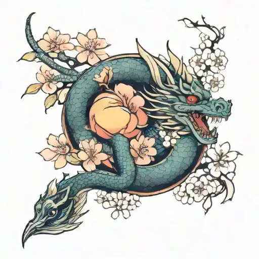 dragon and peach blossom tattoo design idea
