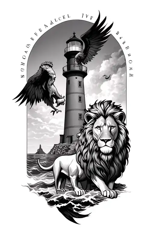 a lighthouse lion Phoenix and St Christopher correlated together in one tattoo tattoo design idea