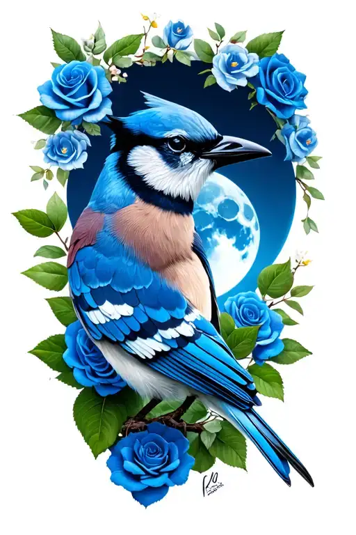 tribute to my mom she loved to garden loved blue moon roses the moon the color blue and blue jays  tattoo design idea