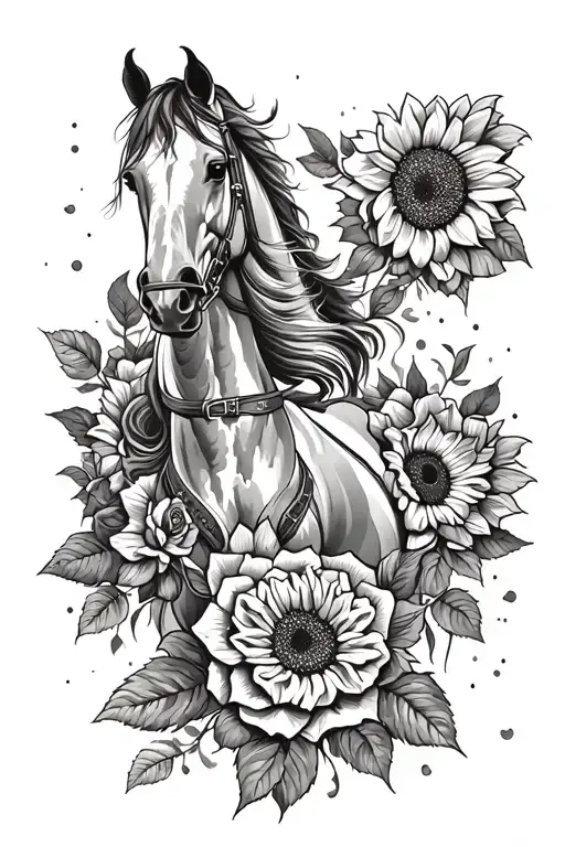 Horses, Roses, Sunflower, western tattoo design idea