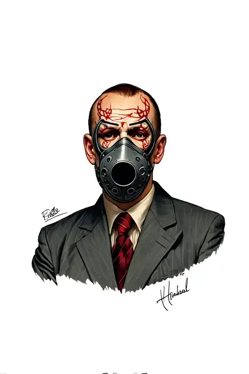 “A hyper-realistic full-color tattoo design of Hannibal Lecter in prison, wearing his iconic muzzle mask, placed on the  tattoo design idea