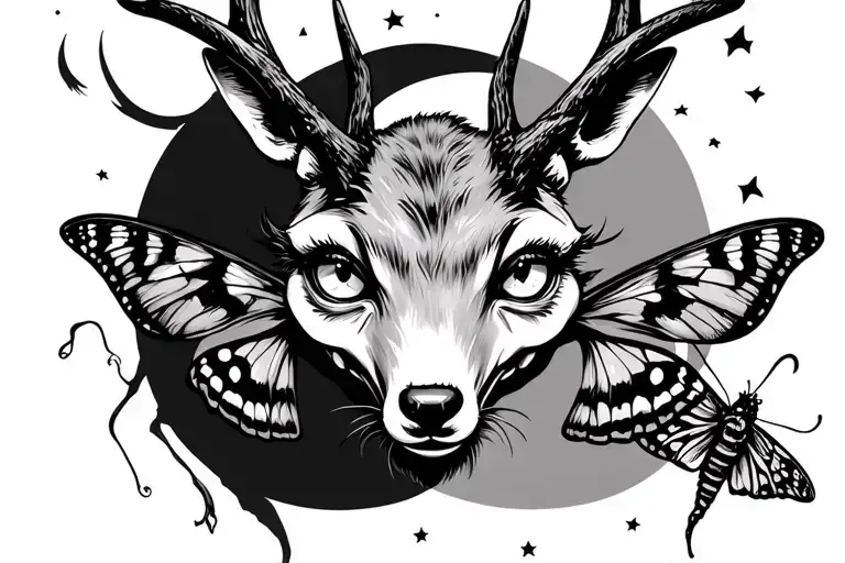 killer Jackalope 4 eyes, creepy with moth and moon tattoo design idea