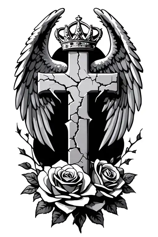 a curved concrete cracked cross that has angel wings and a trinity sign above the cross like a crown and surrounded rose tattoo design idea