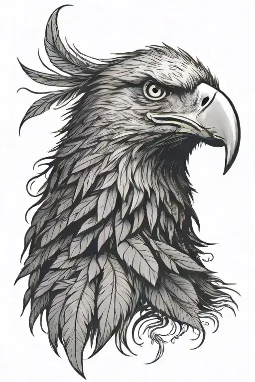 Layered eagle head portrait. Inner feathers detailed, outer feathers shaped like cannabis leaves, radiating outwards. tattoo design idea