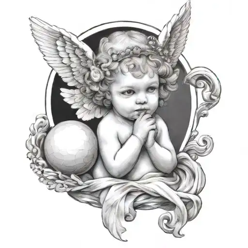 A baby angel with two horns above her head ,holding a diamond a shell which has a pearl in it  tattoo design idea