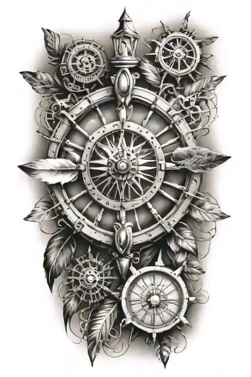 ships wheel with a clock inside, a light house, motorcycle and Indian feather tattoo design idea