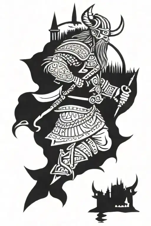 Viking after a war with medieval castle on background tattoo design idea