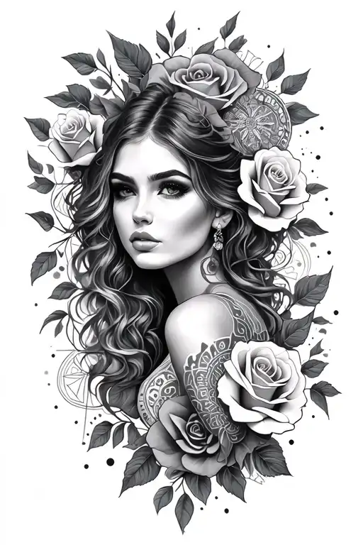 womens realism full leg tattoo with roses, womens faces, geometric mandalas tattoo design idea