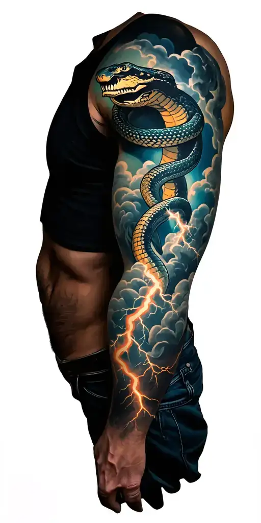 Biceps-to-forearm tattoo: snake wrapping upper arm with clouds and lightning, Archangel Michael on forearm. tattoo design idea