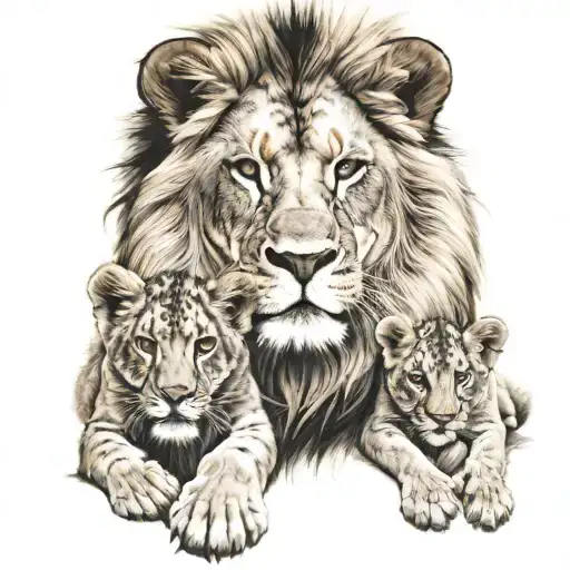lion with 3 cubs with all blues eyes surrounded tattoo design idea
