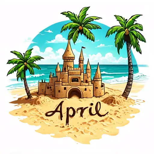 a beach with palm trees and sand castle with April written in sand tattoo design idea