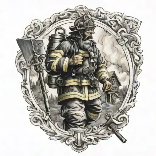 Saint Florian firefighter with burning house tattoo design idea